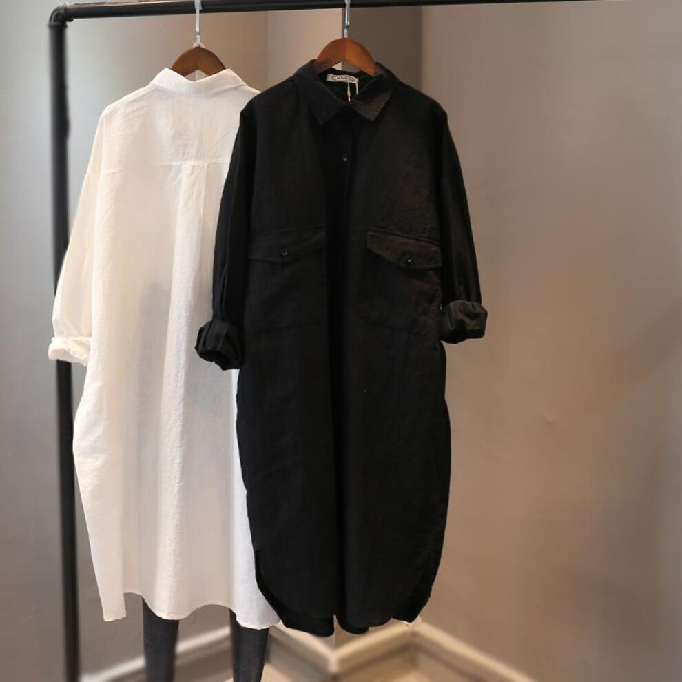 (black, L [Approx 50-80 kg]) 2023 Spring Plus Size Cotton & Linen Dress - Women's Loose Medium-Length, Long-Sleeved Shirt Dress