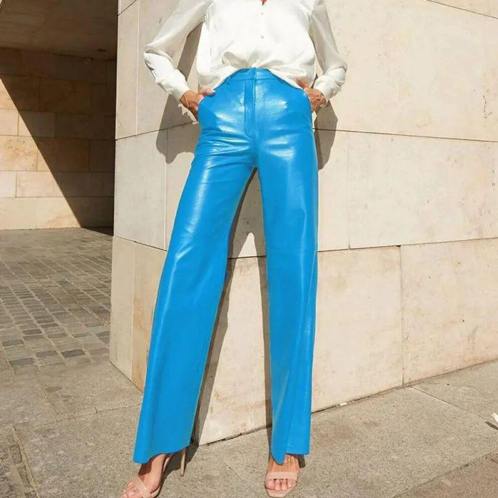 (lake blue, Small) 2024 European-american Style Women's Pu Leather High-waist Hip-lift Straight Casual Pants