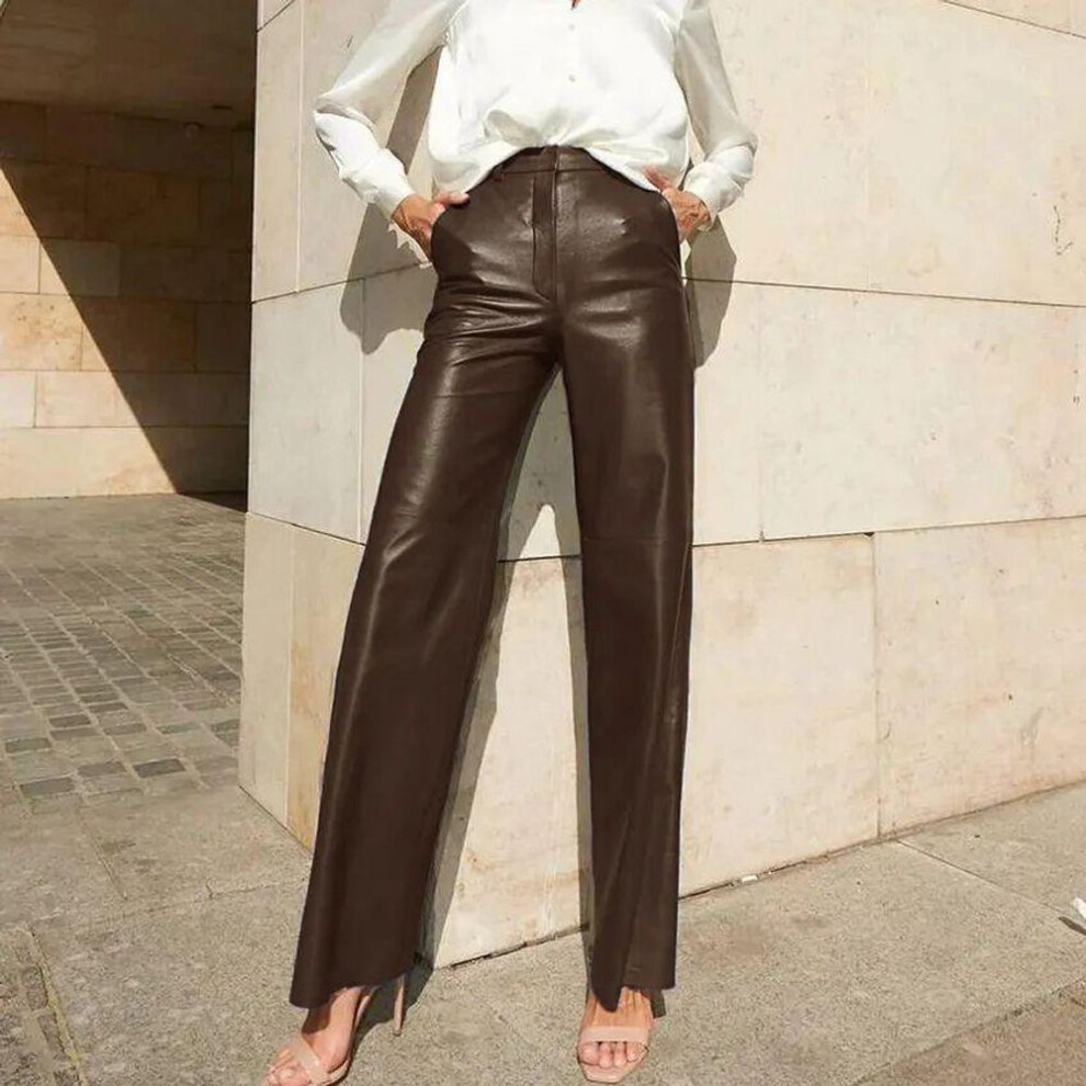 (dark brown, Large) 2024 European-american Style Women's Pu Leather High-waist Hip-lift Straight Casual Pants