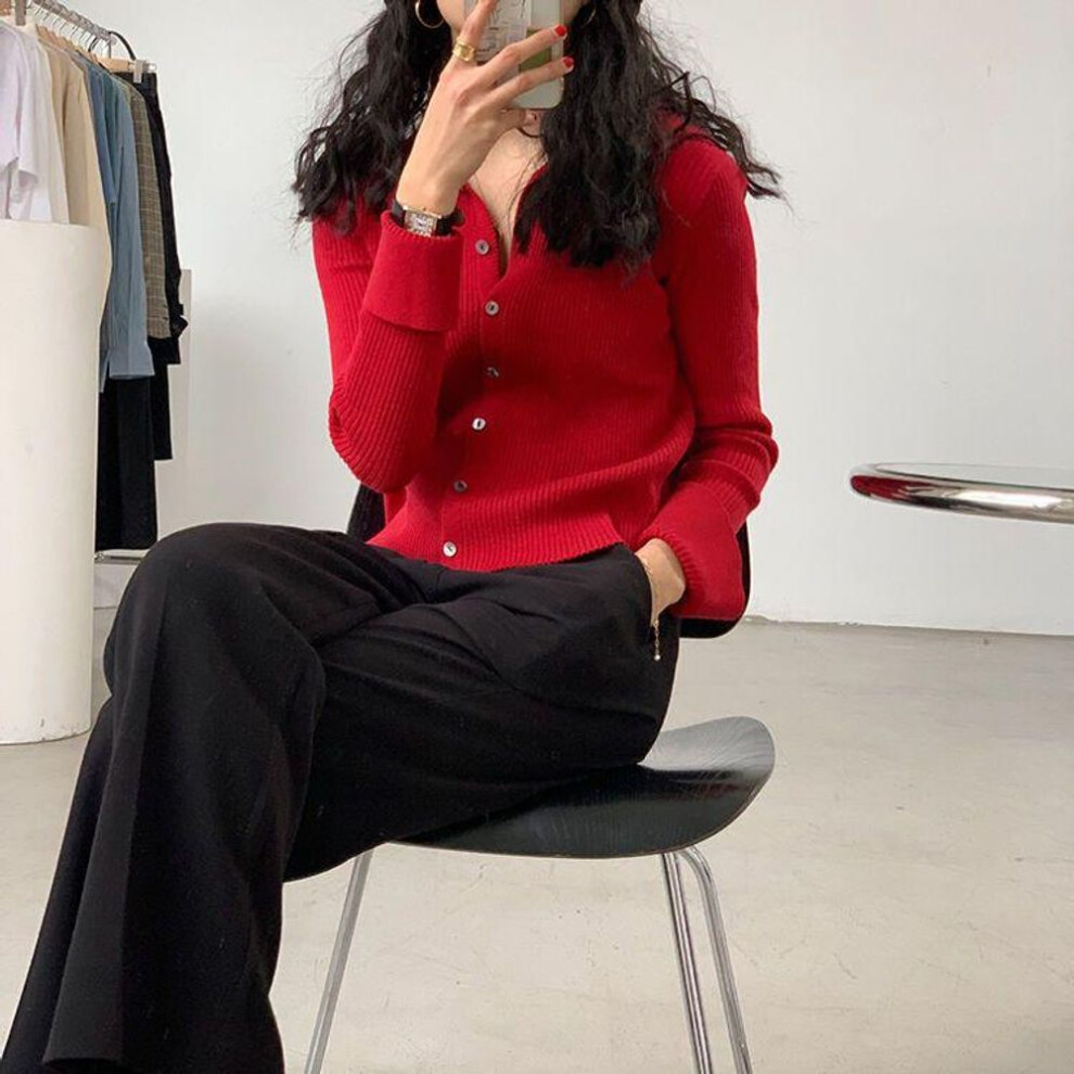 (red, Small) Retro Women's Lapel Sweater - Solid Color, Thin, Short POLO Collar, Simple Cardigan for Autumn Wear