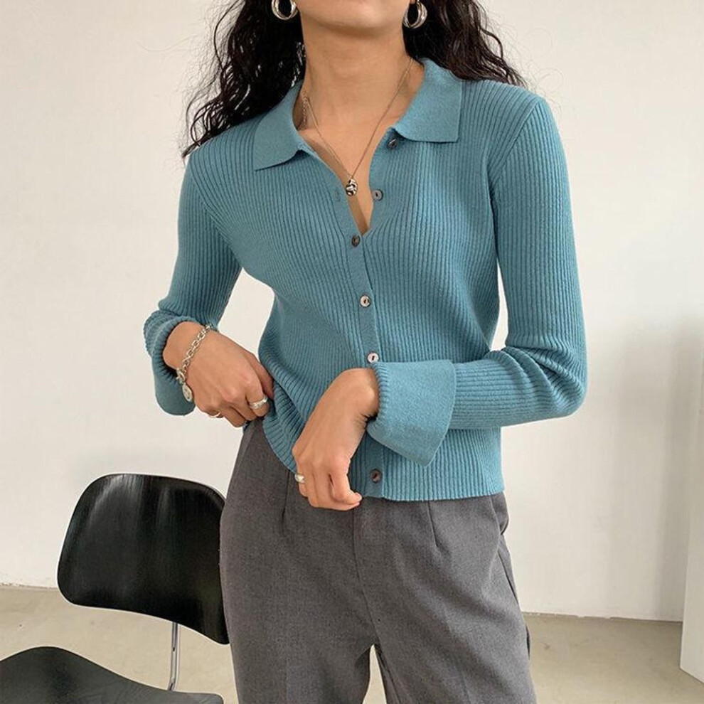 (blue, Large) Retro Women's Lapel Sweater - Solid Color, Thin, Short POLO Collar, Simple Cardigan for Autumn Wear