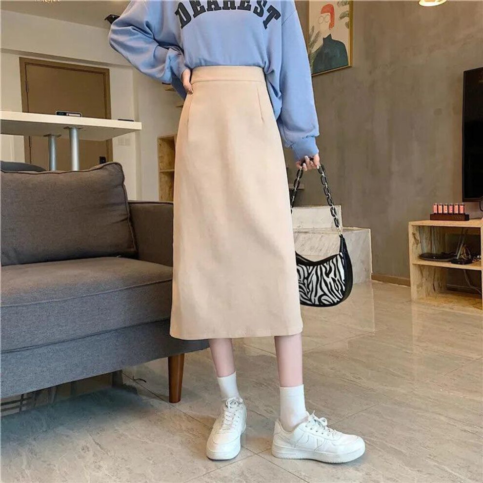 (apricot, S) New High Waist A-Line Black Midi Skirt - Plus Size, Slim Fit, Teacher Style
