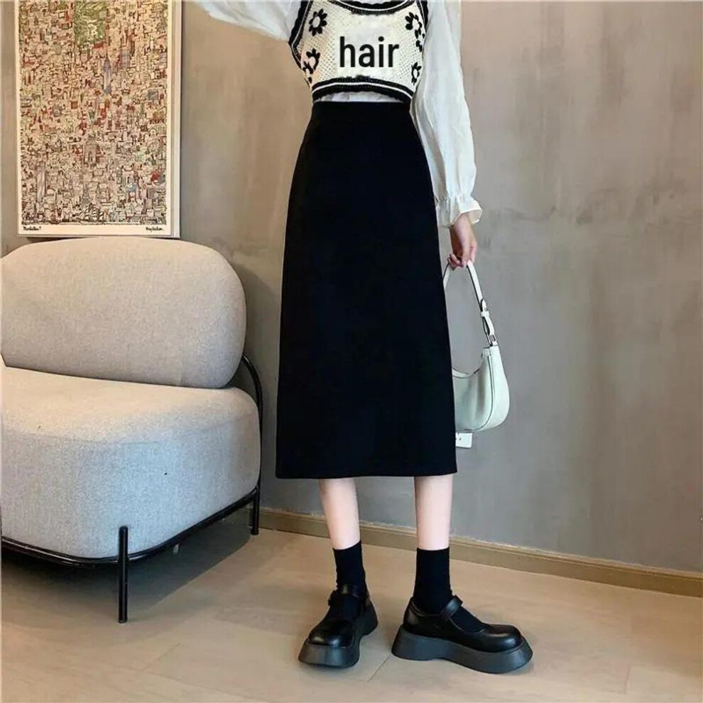 (black, 4XL) New High Waist A-line Black Midi Skirt - Plus Size, Slim Fit, Teacher Style