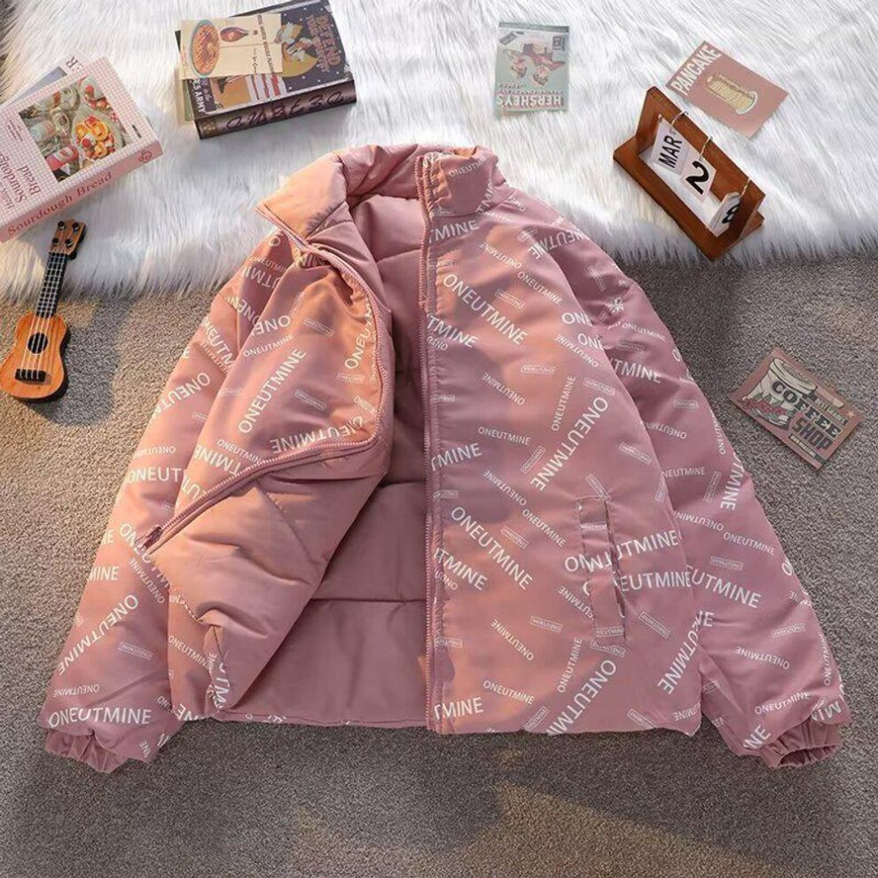 (pink, M) "Unisex Double-Sided Printed Cotton Coat - Trendy, Warm, Loose Fit for Autumn and Winter