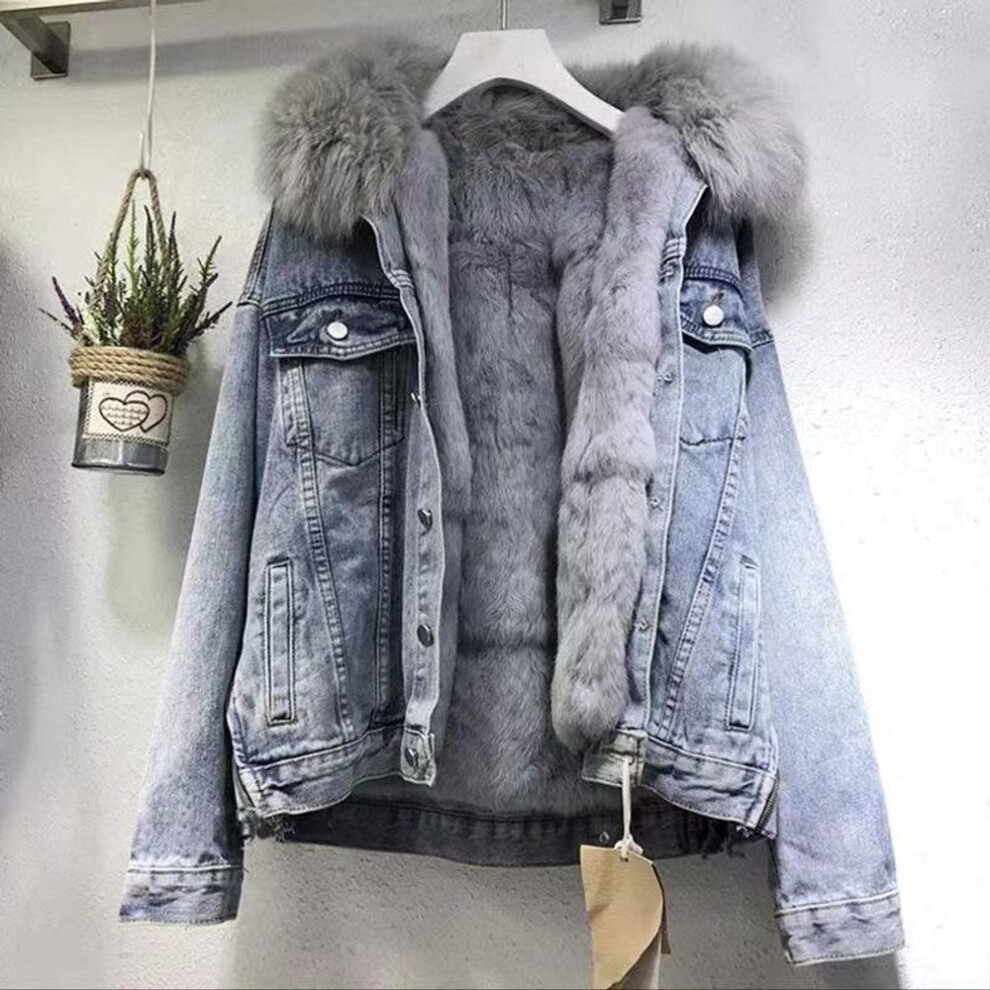 (blue, L) Women's Oversized Denim Jacket With Large Fur Collar, Thick Cotton, Plus Velvet, Autumn/winter 2025, Korean Style.