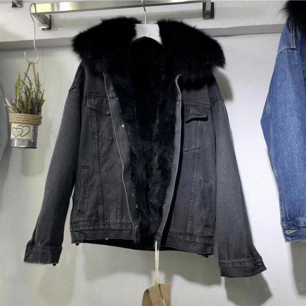 (black, XXL) Women's Oversized Denim Jacket With Large Fur Collar, Thick Cotton, Plus Velvet, Autumn/winter 2025, Korean Style.