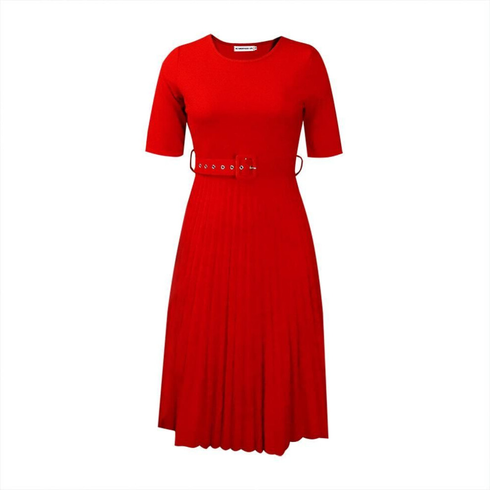 (red, XXL) "D028 Women's Summer Yellow Pleated High-Waist Dress, Short-Sleeve, Plus Size, African/European & American Style 2024