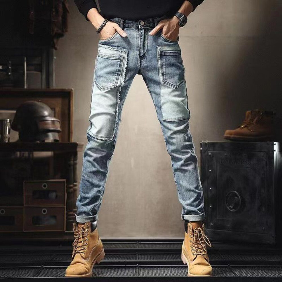 (30 (Recommended 110-125 lbs)) "men's Trendy Slim-fit Patchwork Jeans With Multiple Pockets And Contrast Color Patches
