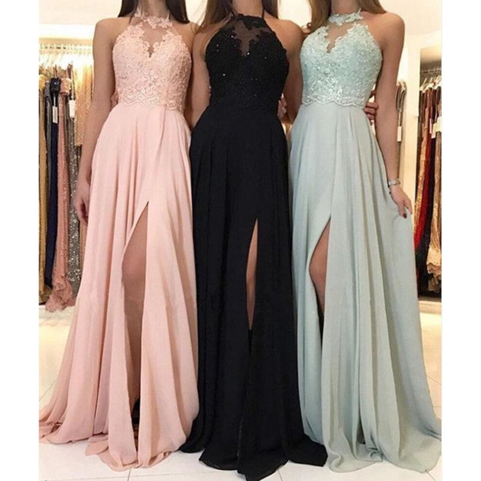(black, X-Large) "2020 Summer European & American Halter Lace Chiffon Evening Dress with Slit