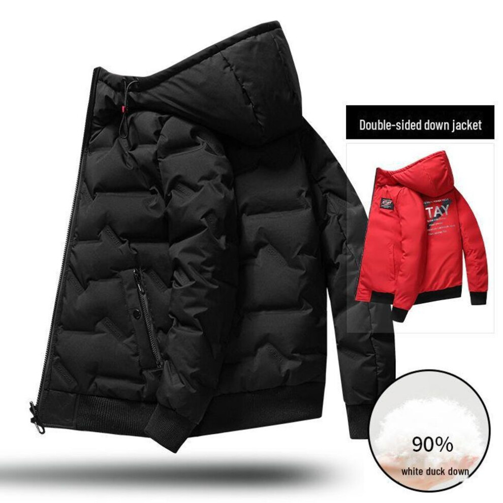(black, XXL) "Men's Hooded Double-Sided Down Jacket - White Duck Down, Warm and Comfortable Winter Wear