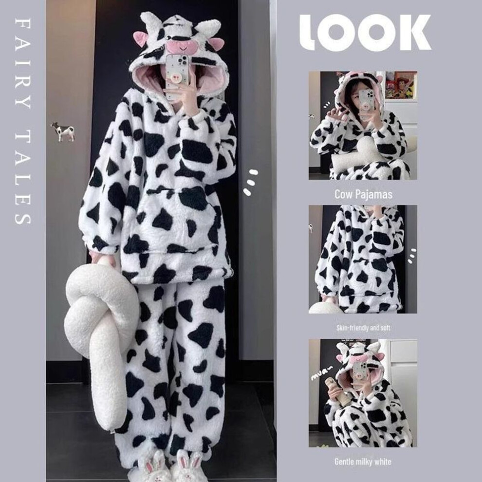 (Extra Extra Large) Cow Hooded Flannel Pajamas: Cute Coral Fleece, Long Sleeve, Large Size Home Set for Autumn & Winter