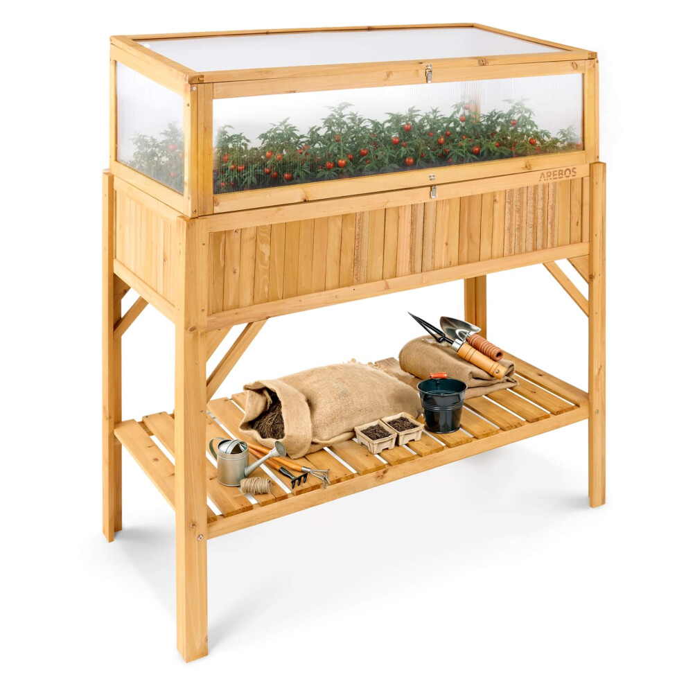 AREBOS wooden raised bed with cold frame attachment and storage compartment | for in & outdoor | 119 x 53 x 124 cm | planter box & flower box