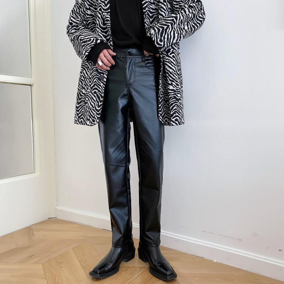 (black, L) Men's Punk Trend Glossy PU Leather Skinny Pants with Elastic Waist - Hair Stylist Fashion Trousers