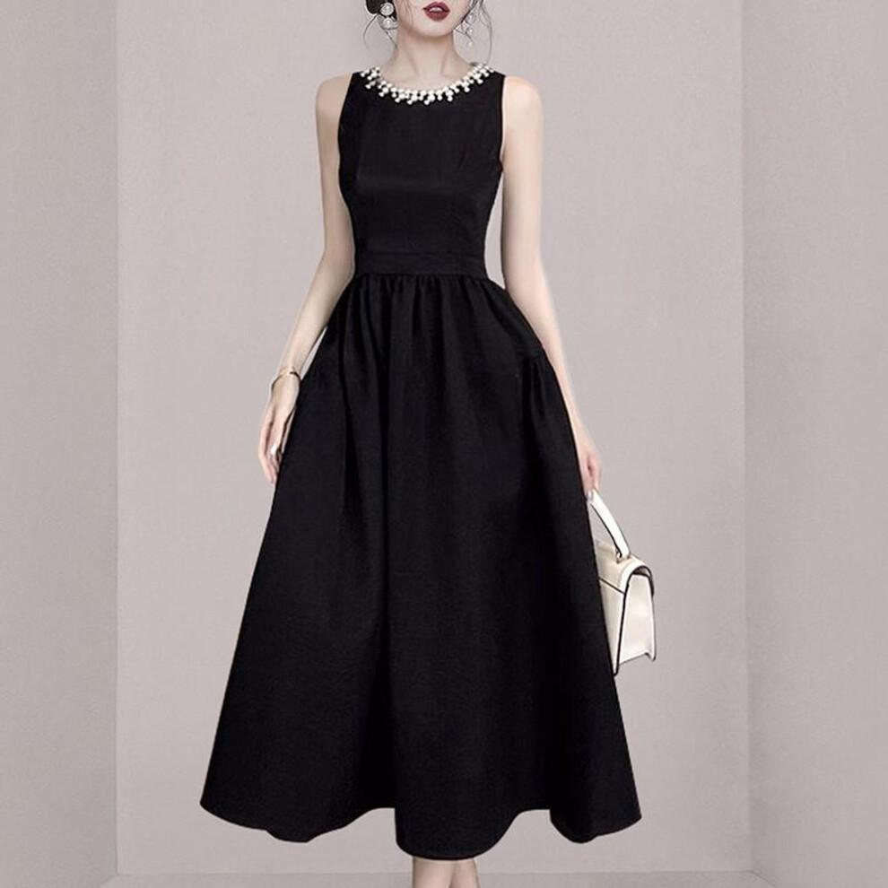 (black, Extra Large) "2024 European Summer Black Hepburn Style Slim Dress - Women's Light Luxury Vest Dress