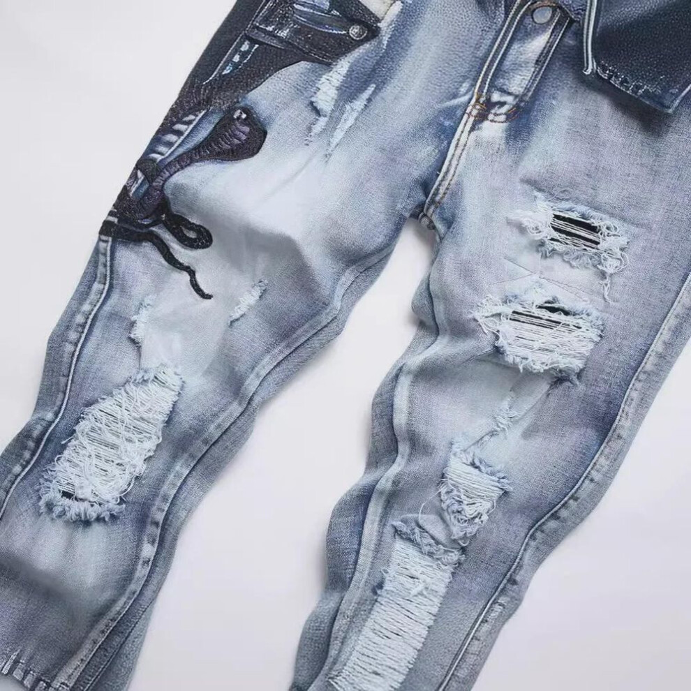 (blue, 3XL) European Youth Blue Cobra Embroidered Stretch Slim-Fit Jeans for Men