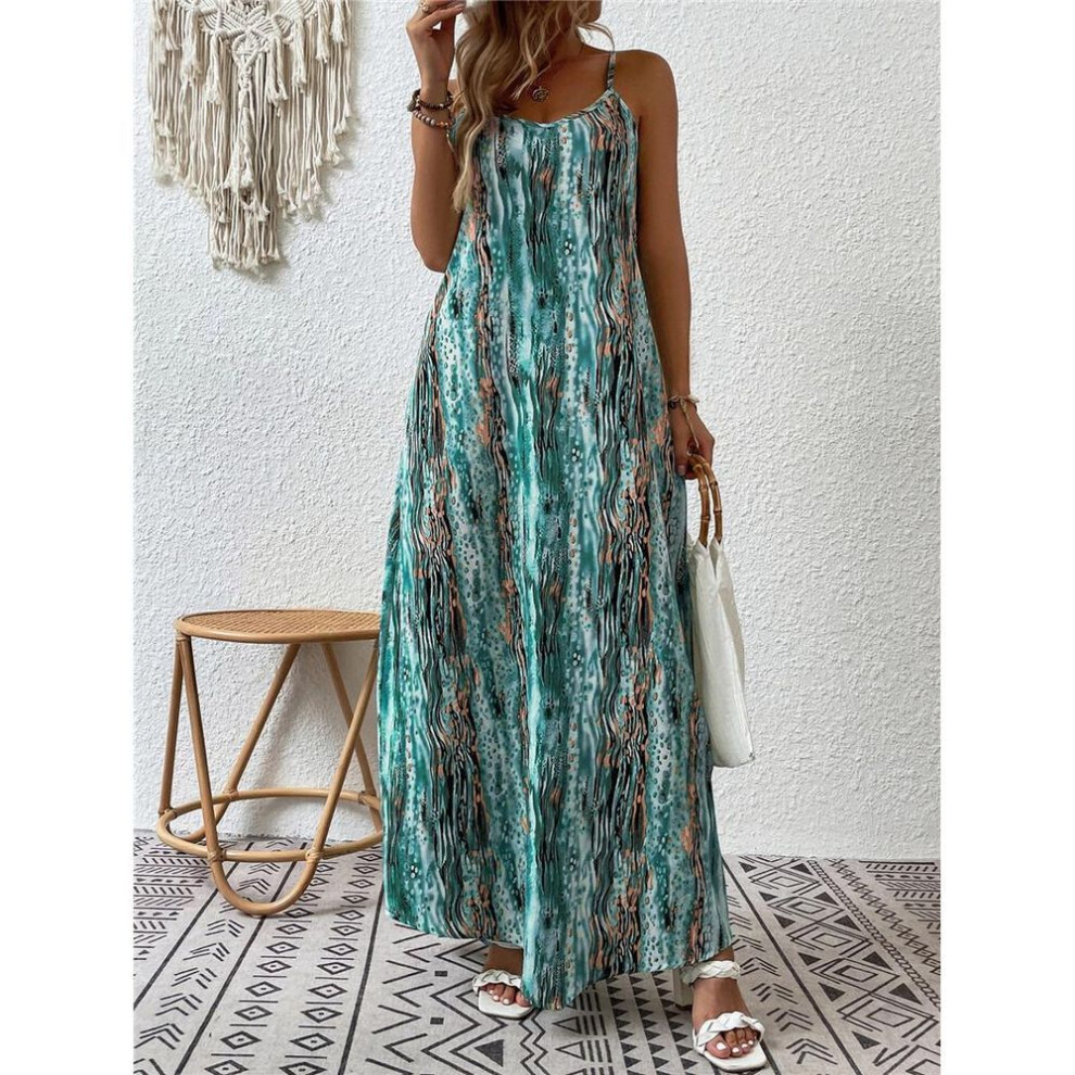 (peacock blue, 3XL) 2023 Spring/Summer European & American Women's Fashion Printed Suspender Dress