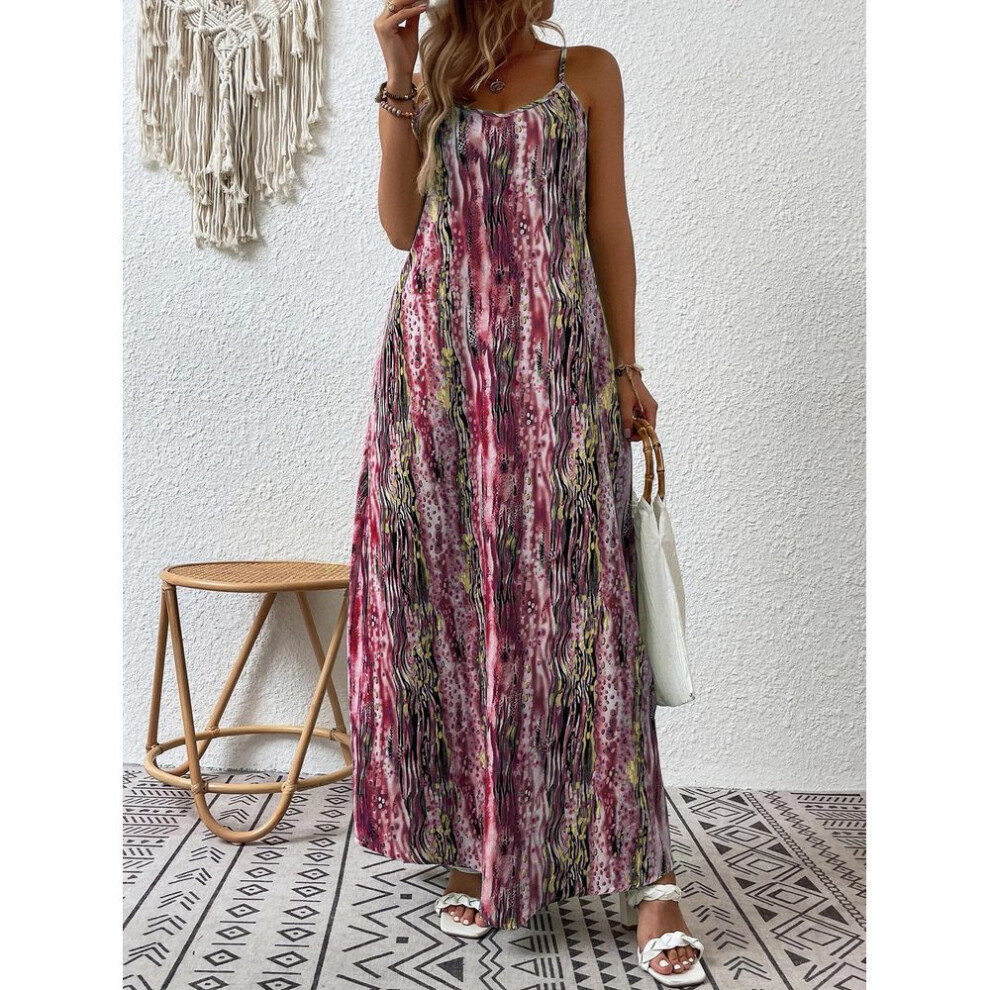 (wine red, S) 2023 Spring/Summer European & American Women's Fashion Printed Suspender Dress