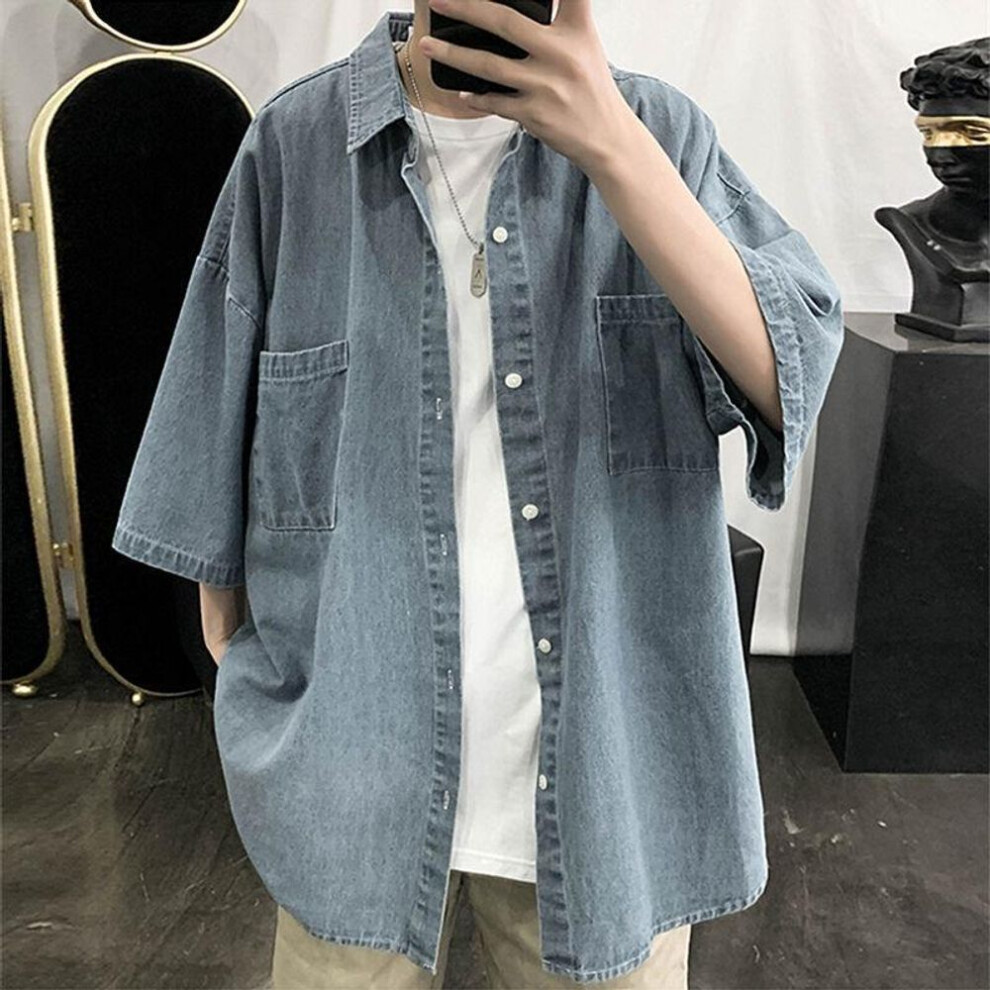 (light blue, L) Men's Trendy Short-Sleeve Denim Workwear Shirt - Versatile, Handsome, and Loose-Fit Top