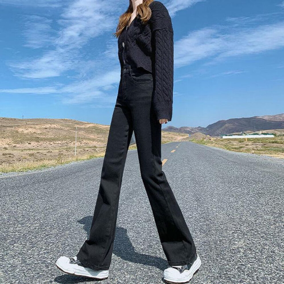 (black, Large) "Women's Light Flared High-Waisted Jeans, Elastic, Versatile Horseshoe Style, Small Size, Floor-Length, Straight-Leg Design.