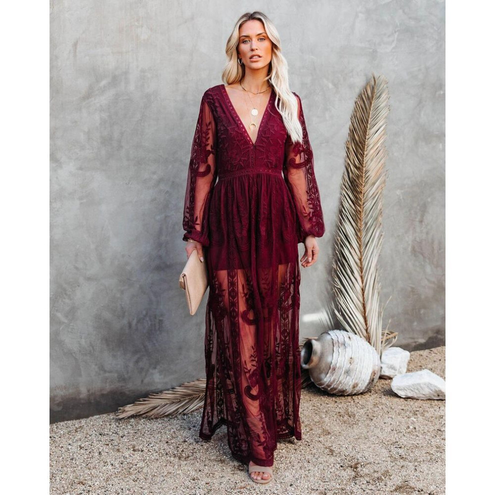 (wine red, XXL) "2021 Spring/summer European & American Women's Lace Long Sleeve V-neck Chiffon Dress