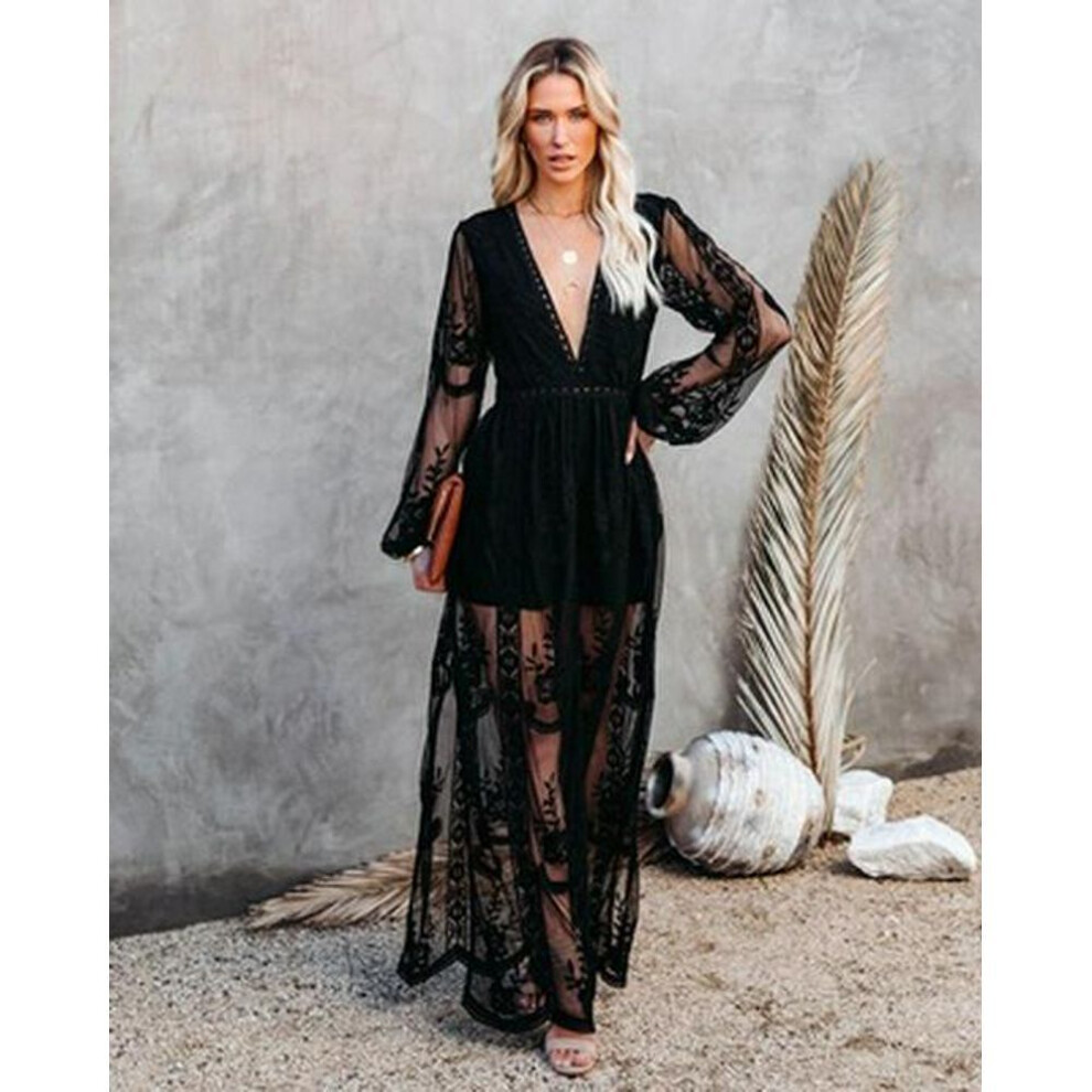 (black, L) "2021 Spring/Summer European & American Women's Lace Long Sleeve V-neck Chiffon Dress