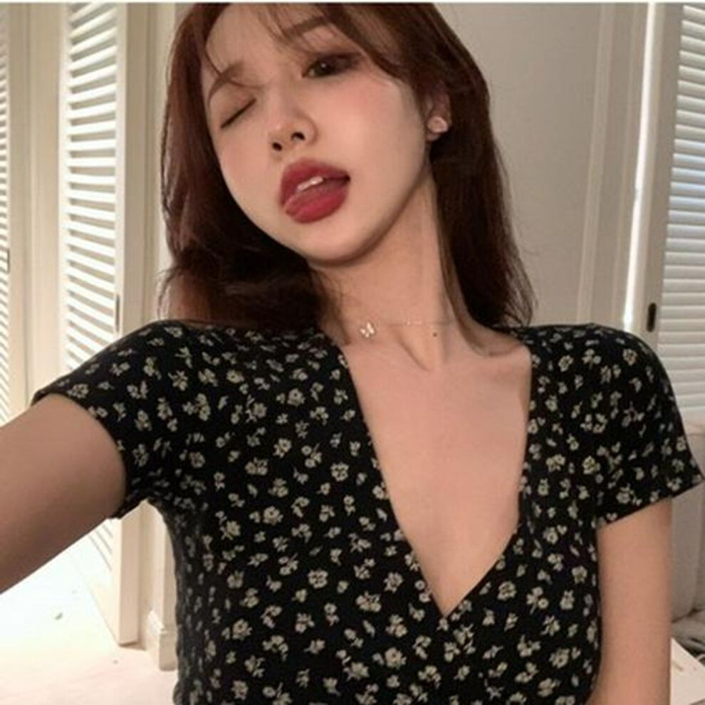 (black, L) 2024 Women's Floral V-Neck Crop Top: Slimming, Short-Sleeved, Korean-Style Summer T-Shirt