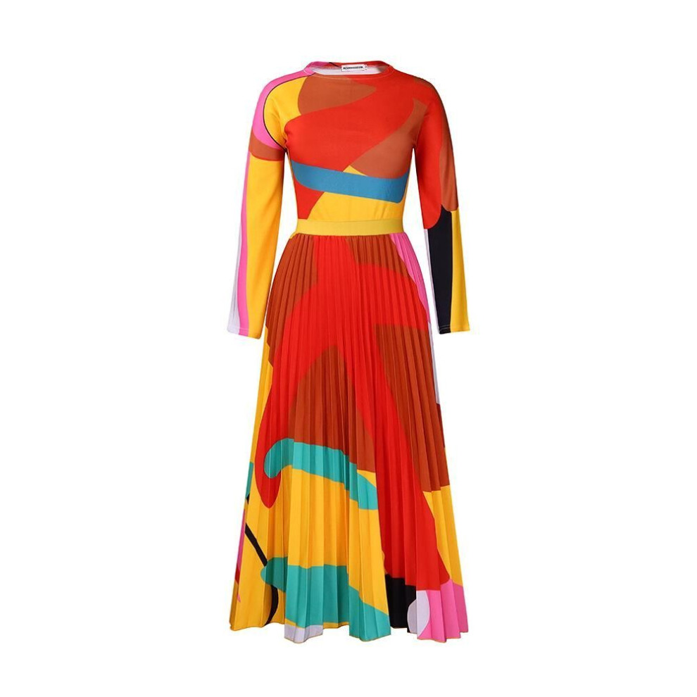 (brown, Medium) "d420 Autumn Pleated Contrast Color Long Sleeve Top And Skirt Two-piece Suit
