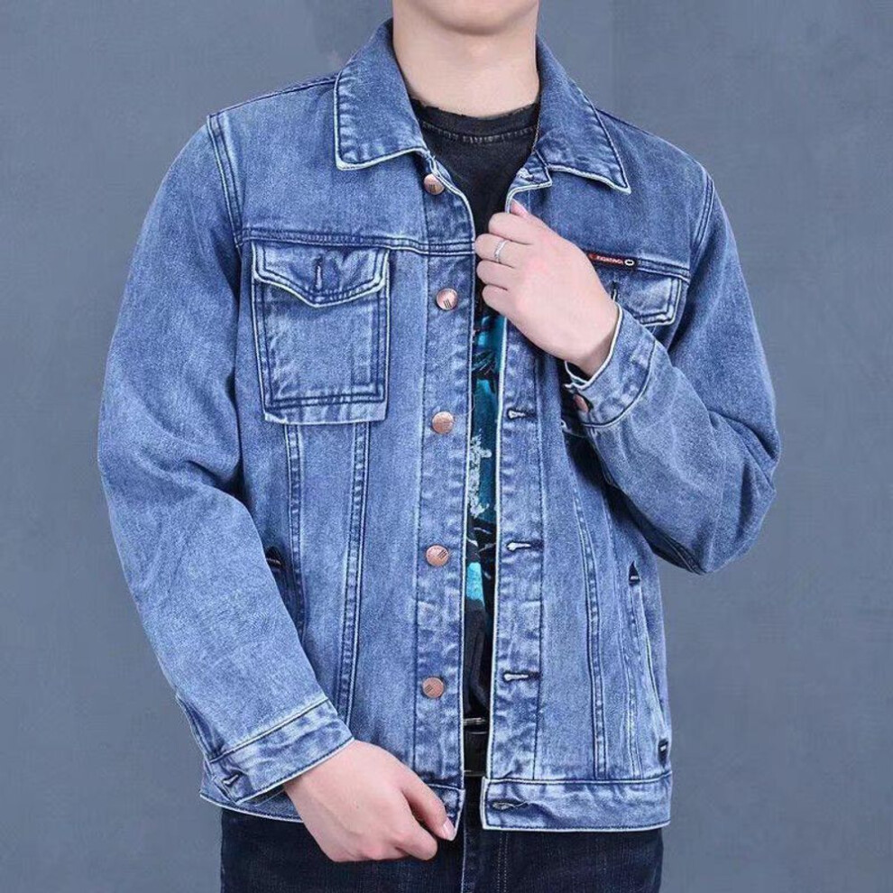 (blue, M) "2023 Spring Men's Black Denim Jacket: Trendy Korean Style, Wear-Resistant, with Lapel