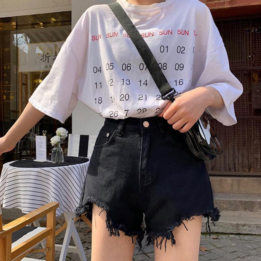 (black, 4XL) "Summer 2021 High-Waist Women's Wide-Leg Denim Shorts, Raw-Edge A-Line with Holes