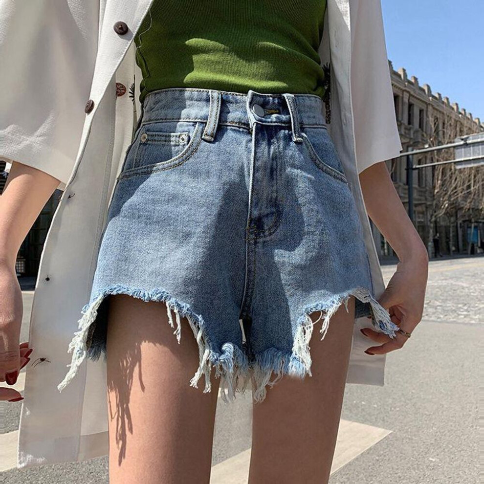 (light blue, 3XL) "summer 2021 High-waist Women's Wide-leg Denim Shorts, Raw-edge A-line With Holes