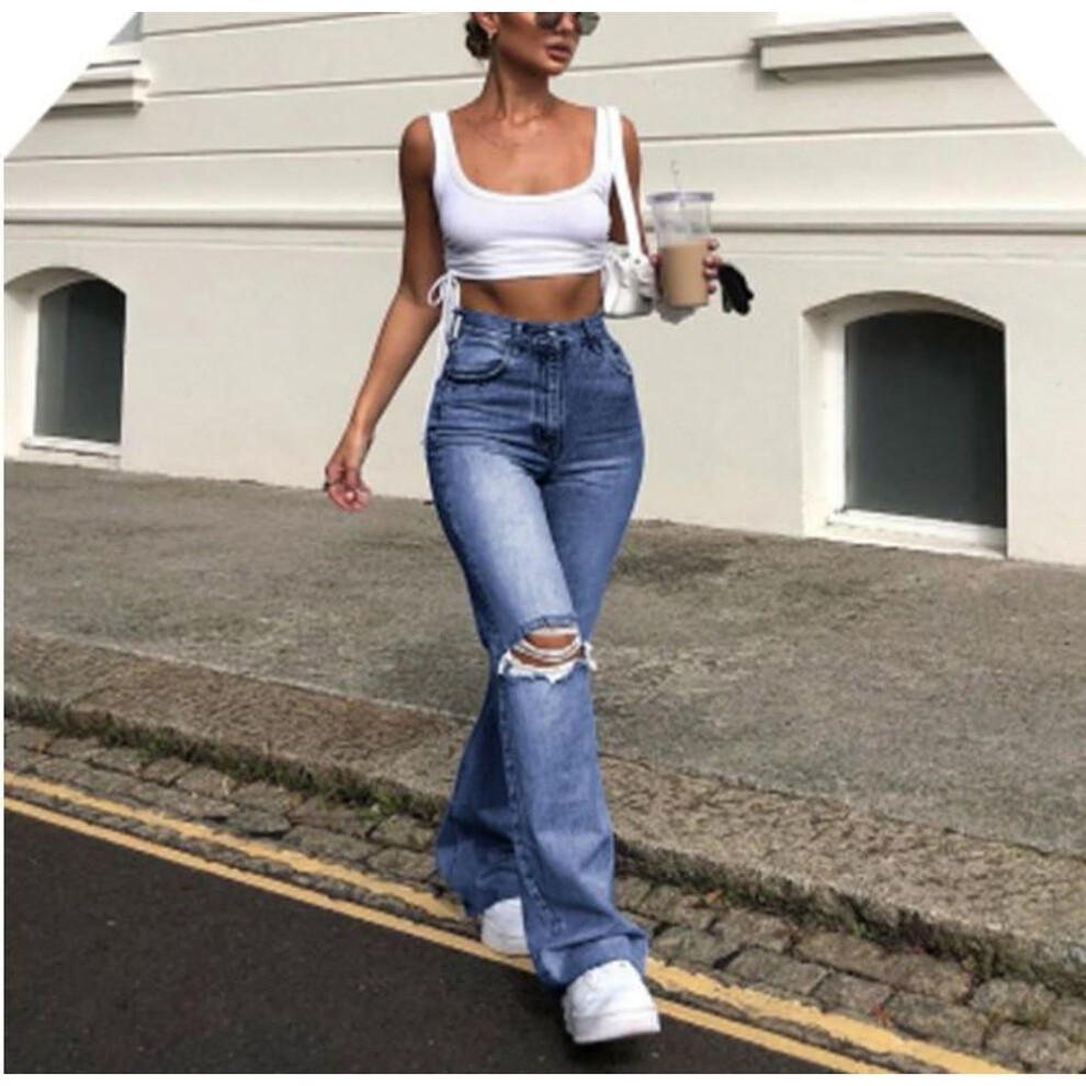 (dark blue, 3XL) Women's Ripped Slim Flared Jeans
