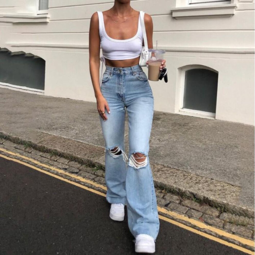 (light blue, Large) Women's Ripped Slim Flared Jeans