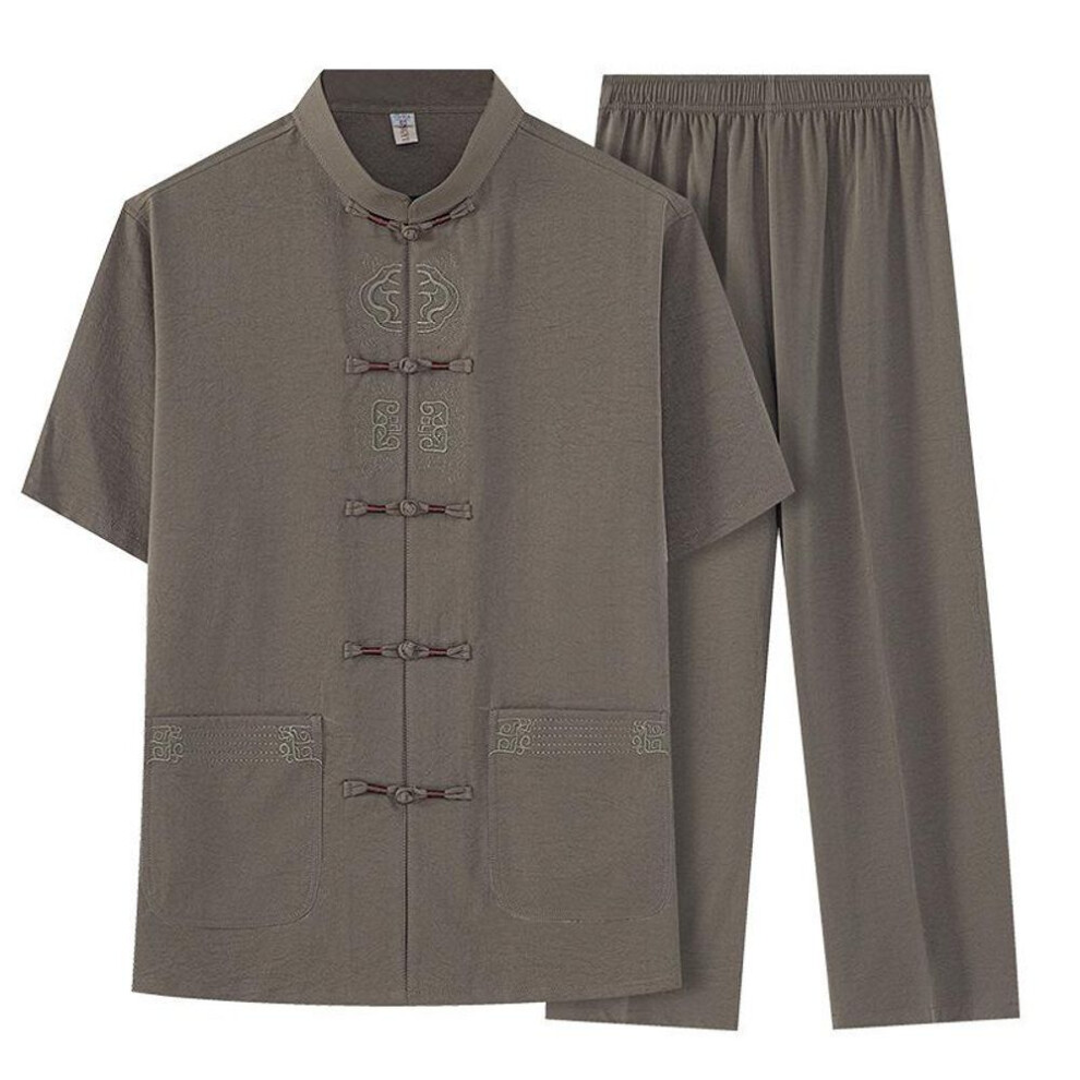 (army green, 40) Men's Short Sleeve Tang Suit: Summer Cotton-Linen Chinese Style for Middle-Aged Dads