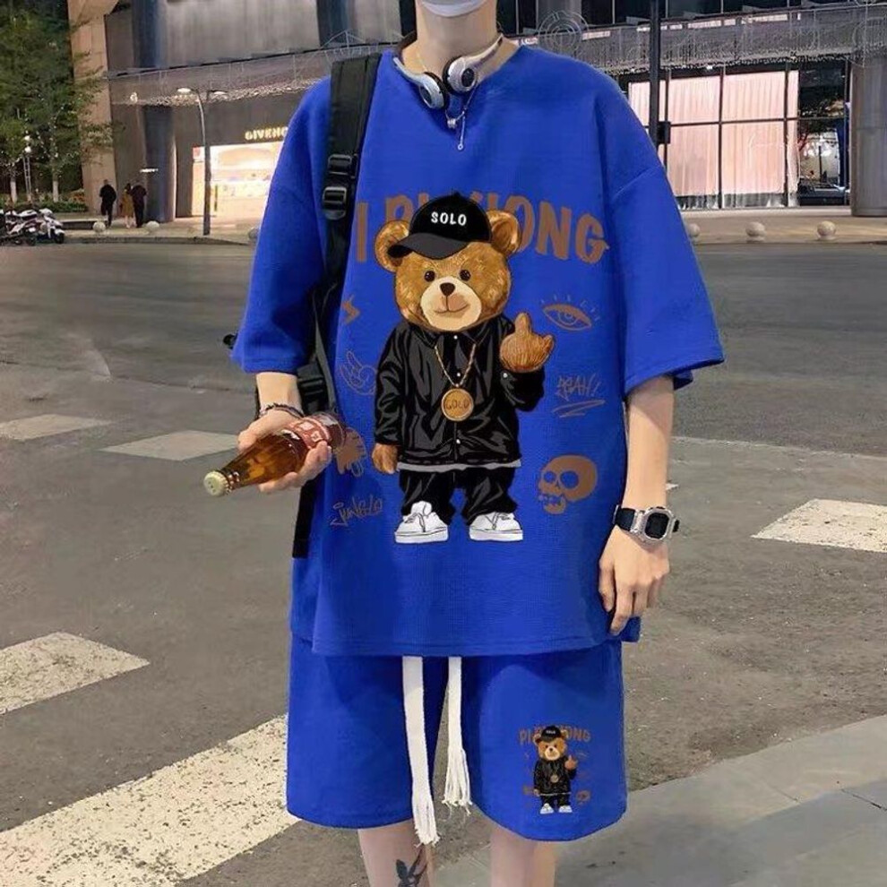 (blue, M) Men's Summer Hong Kong Style Cartoon Two-Piece Suit - Trendy Short-Sleeve and Shorts Set, Casual Sportswear.