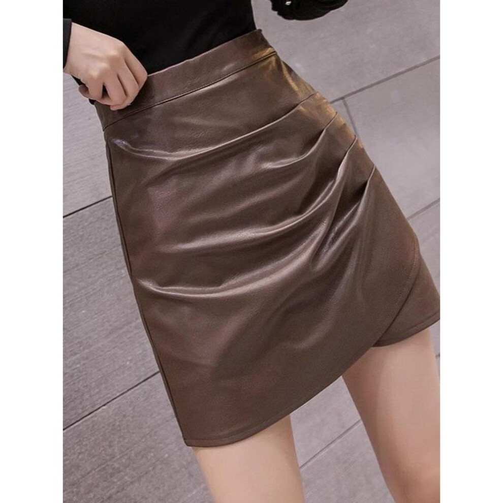 (coffee, XL) A-line PU Leather Skirt: Women's High-Waist Short Skirt for Autumn/Winter - Irregular Hem European Fashion.