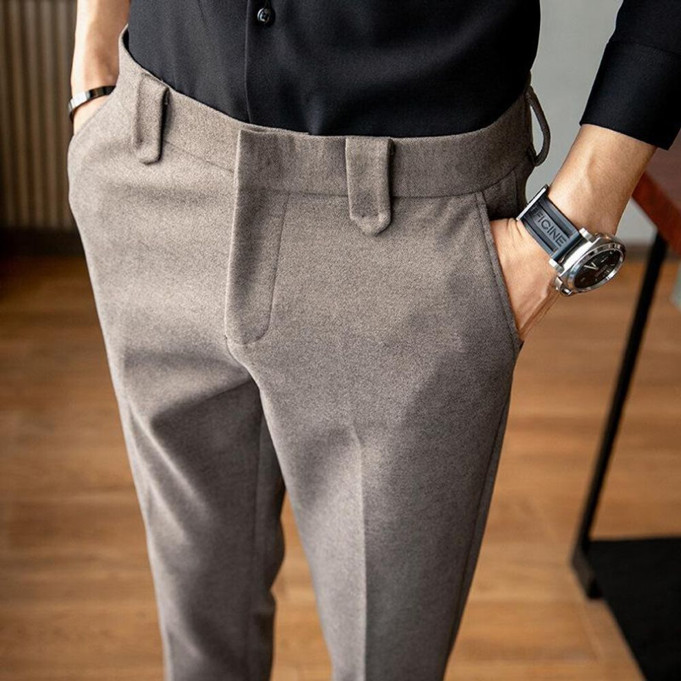 (camel, 30) Men's Slim Woolen Trousers: Autumn/winter Business Casual Or Formal Tweed Nine-point Pants