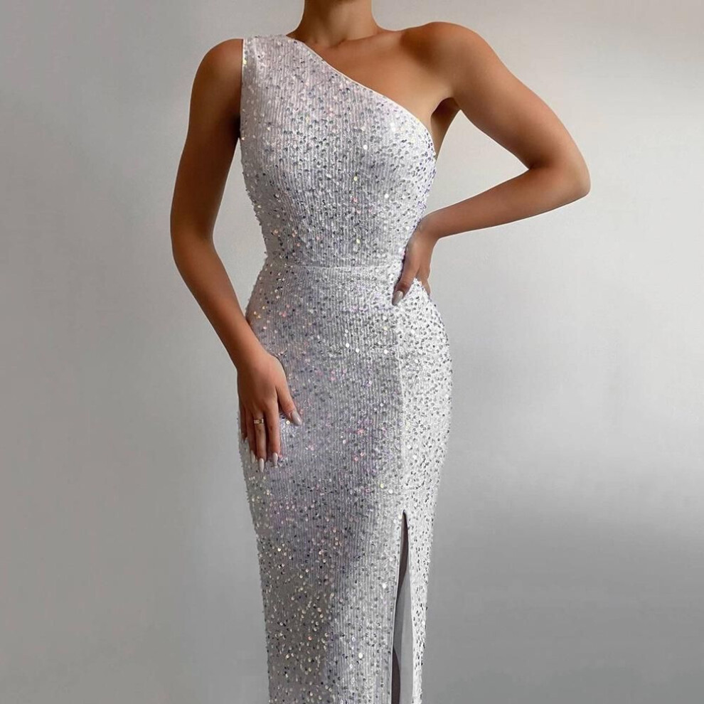 (white, M) "2025 Women's One-shoulder Pink Sequin Slit Long Dress