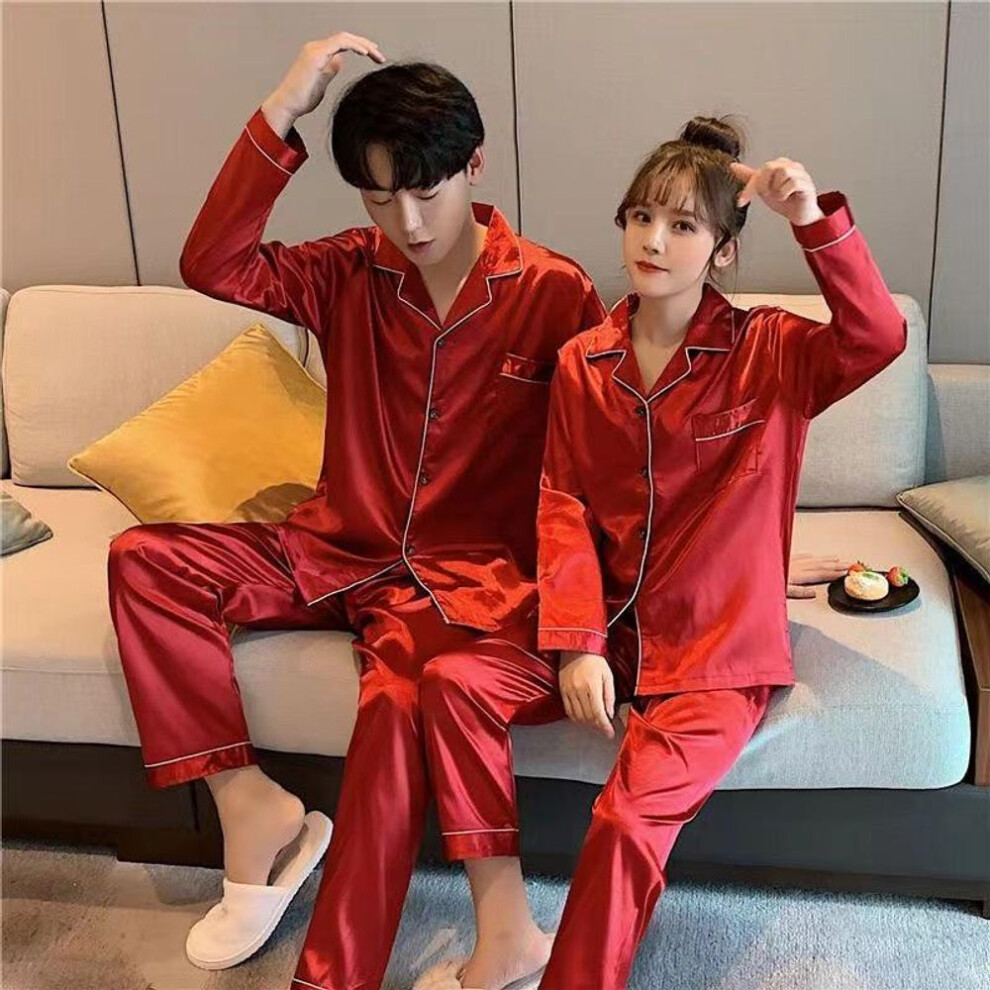 (wine red, Women L) "unisex Korean Imitation Silk Pajamas: Long-sleeved Cardigan Set For Spring And Autumn