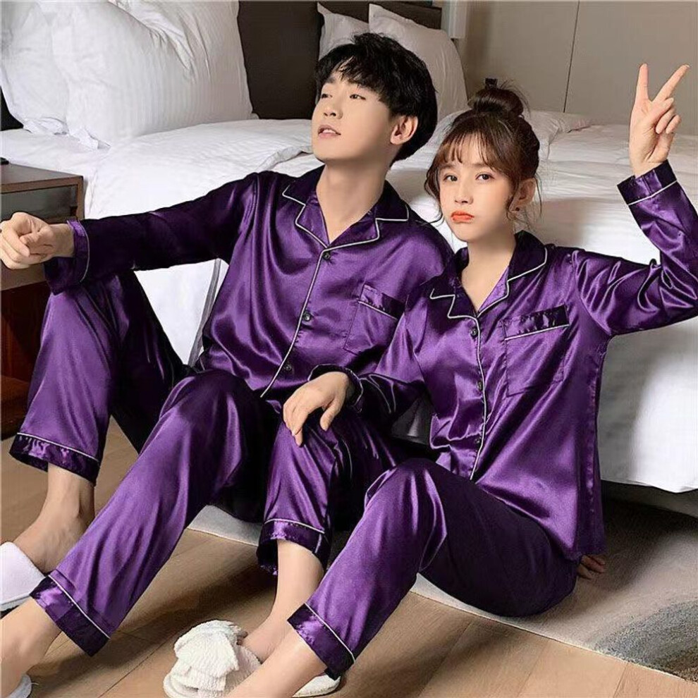 (purple, Women M) "unisex Korean Imitation Silk Pajamas: Long-sleeved Cardigan Set For Spring And Autumn