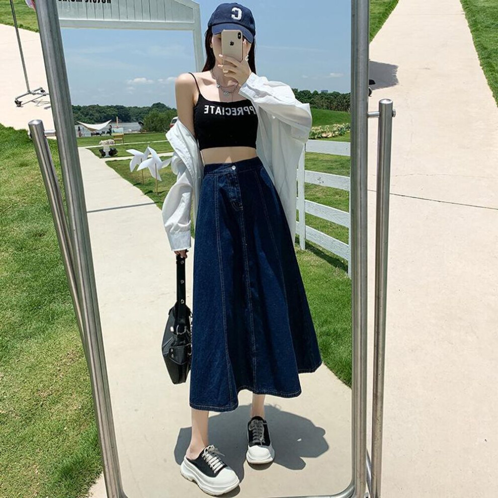 (dark blue, XXL) Women's Long A-line Denim Skirts With High Waist – 2023 Spring/summer Collection