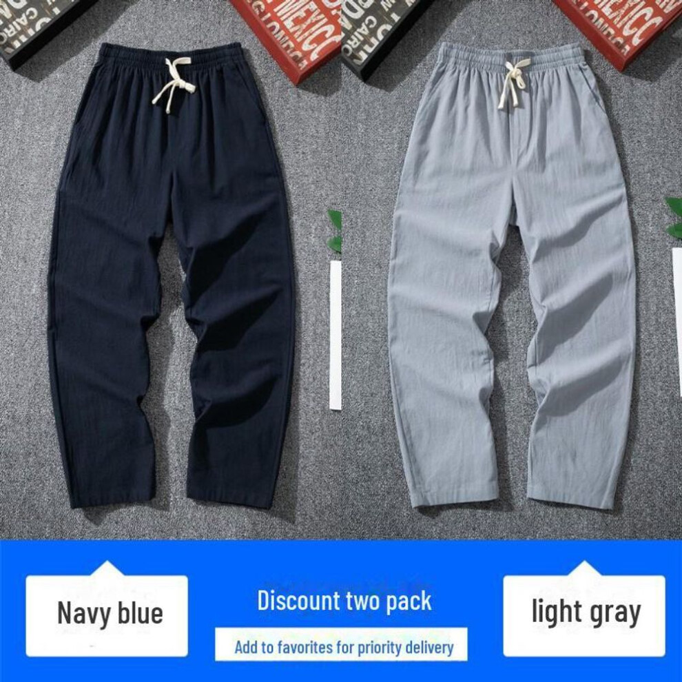 (navy blue,light gray, 4XL (180-195 lbs)) Men's Chinese Style Cotton-Linen Pant: Summer/Spring, Loose, Straight-Fit