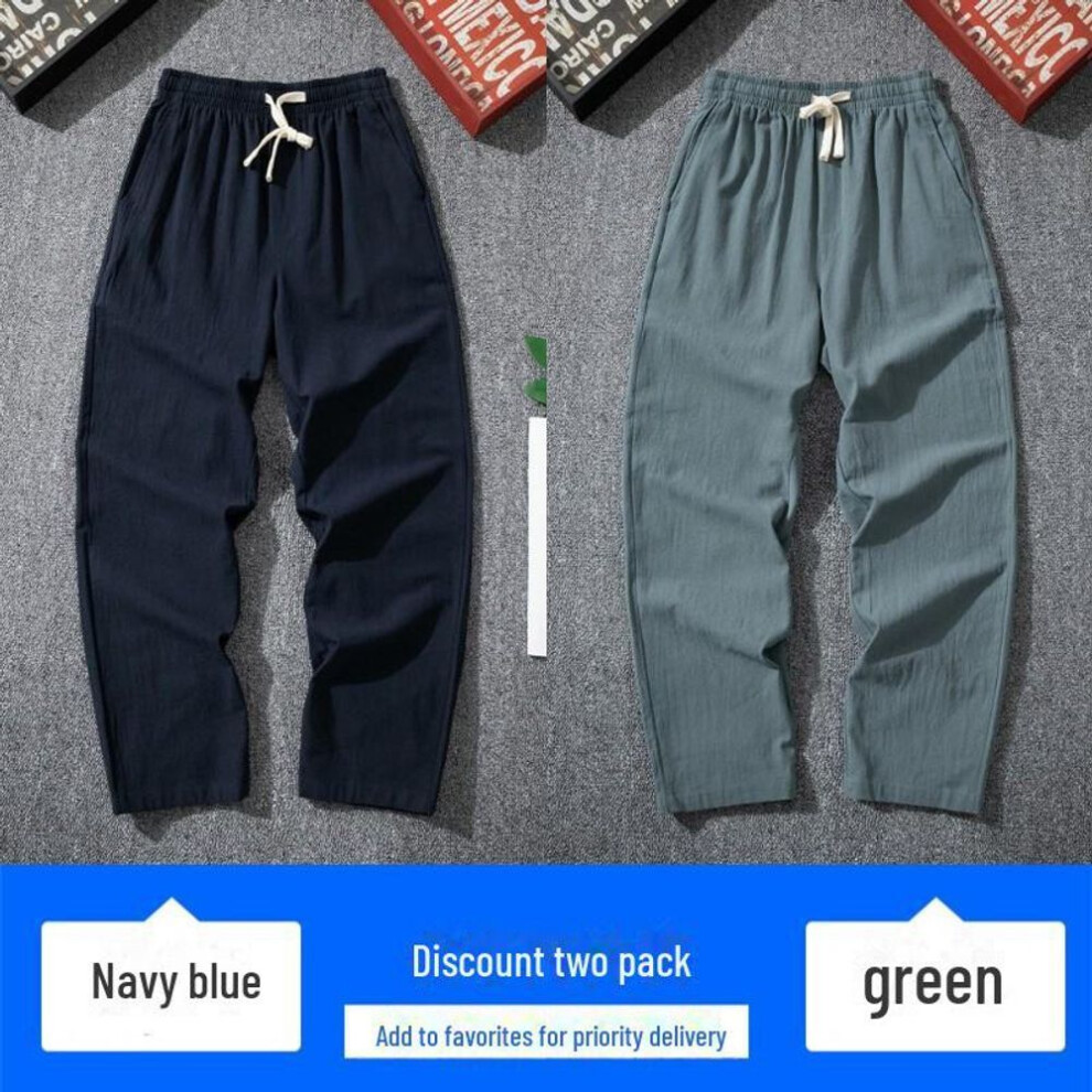 (navy blue,green, 4XL (180-195 lbs)) Men's Chinese Style Cotton-Linen Pant: Summer/Spring, Loose, Straight-Fit