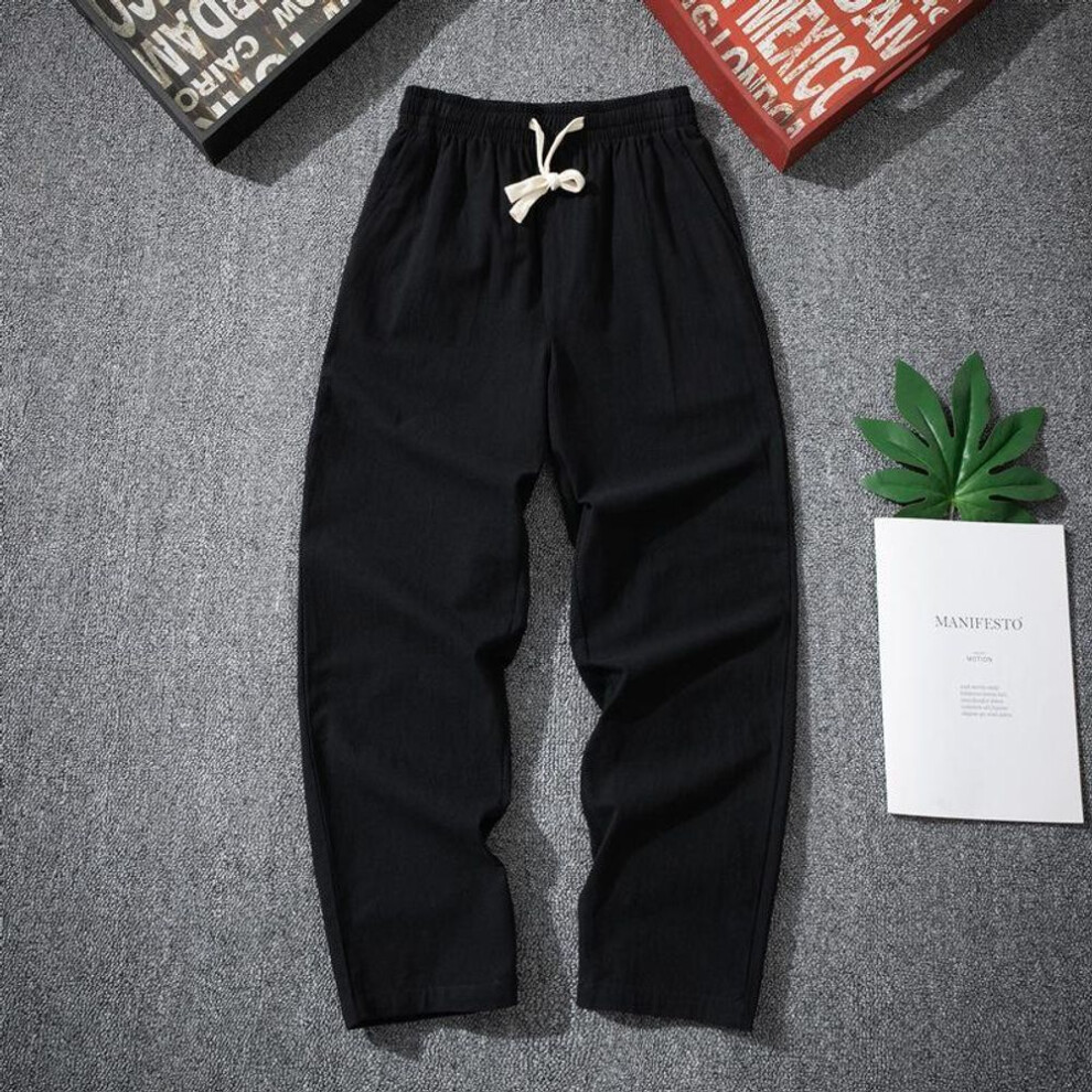 (black, 2XL (140-160 lbs)) Men's Chinese Style Cotton-Linen Pant: Summer/Spring, Loose, Straight-Fit