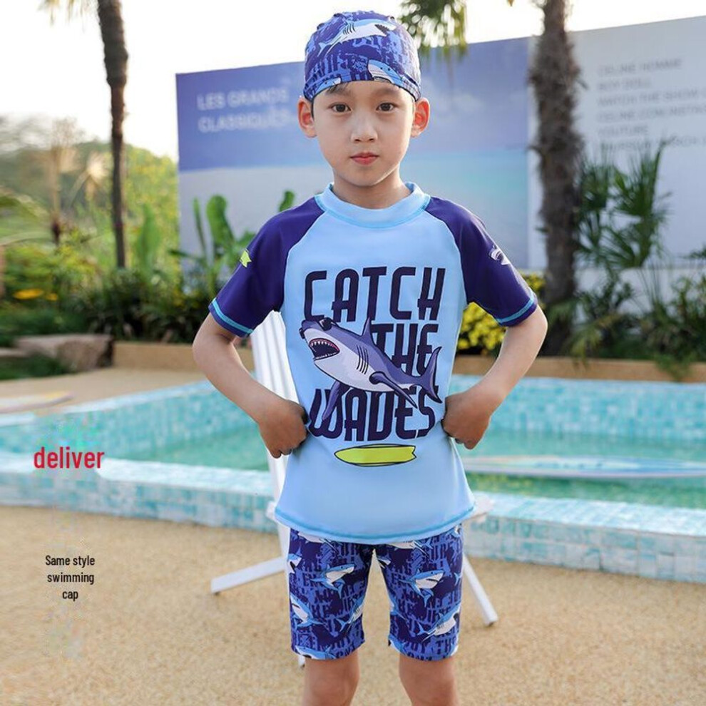 (2XL (55-70 lbs)) "Kids' Quick-Dry Cartoon Shark Swimsuit: Sun-Protective, 2-Piece for Boys