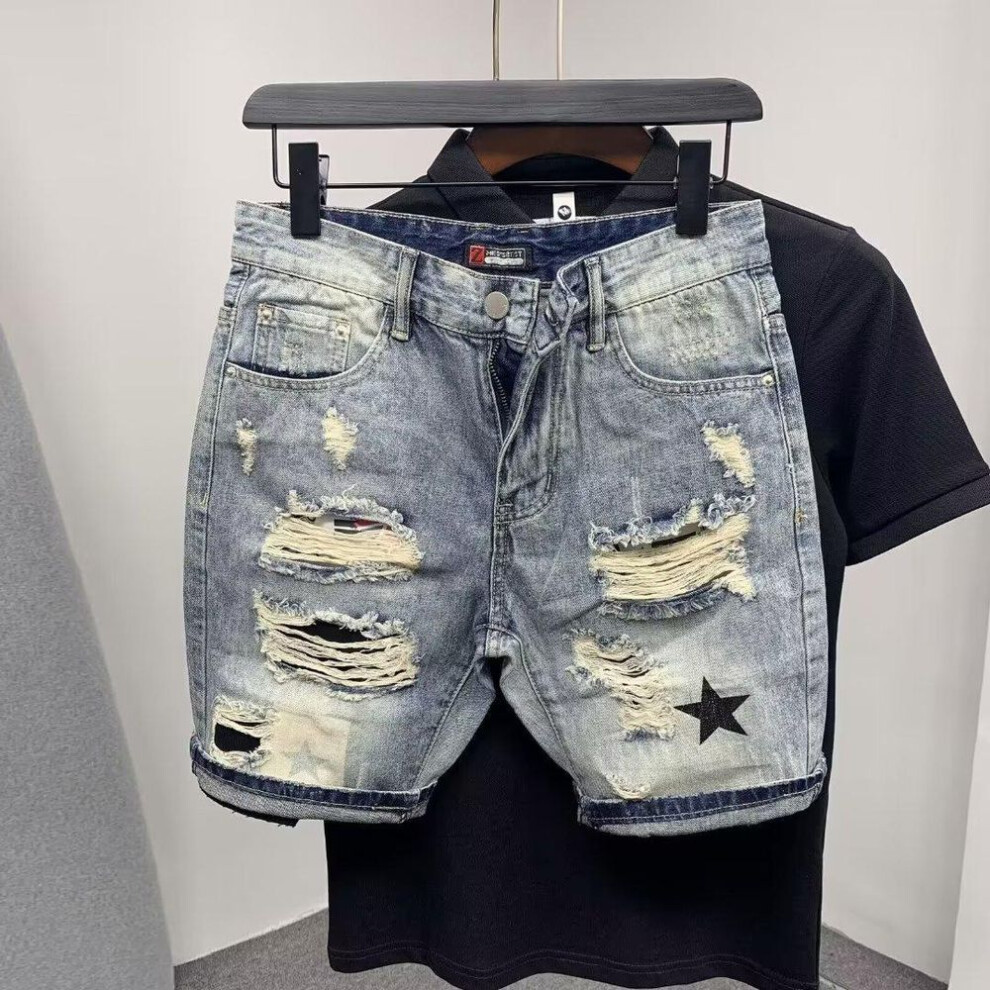 (light blue, 33) Men's 2024 Summer Ripped Denim Shorts - Casual Straight Mid-Length