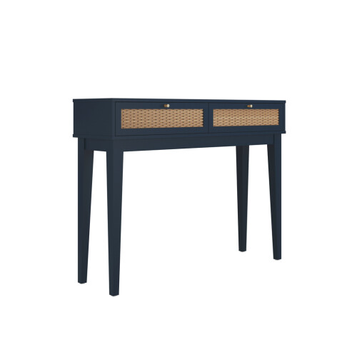 Bordeaux Blue Dressing Table - Rattan Front, Gold Handles, 2 Drawers 1