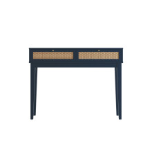 Bordeaux Blue Dressing Table - Rattan Front, Gold Handles, 2 Drawers