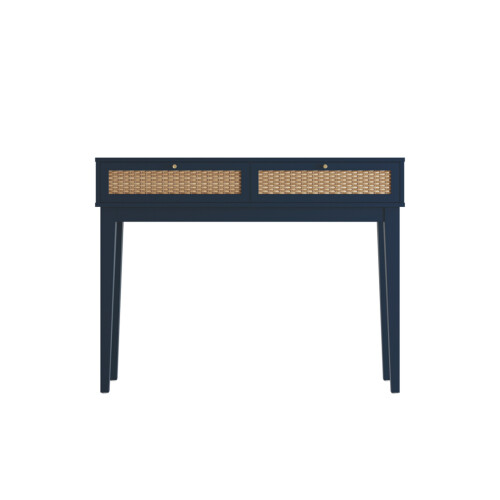 Bordeaux Blue Dressing Table - Rattan Front, Gold Handles, 2 Drawers