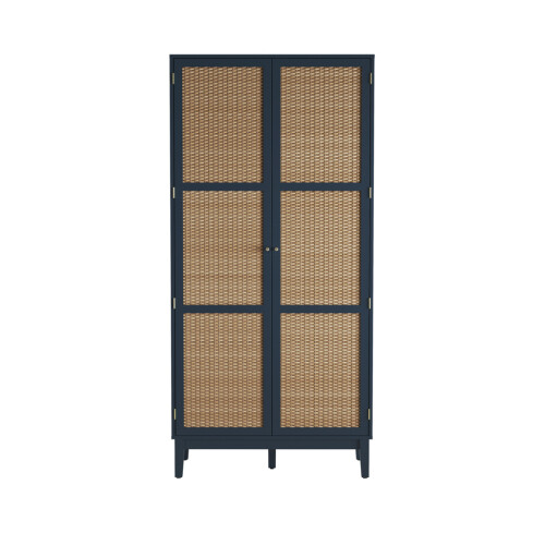 Bordeaux Blue 2-Door Wardrobe - Rattan Front, Gold Handle, 2 Pcs