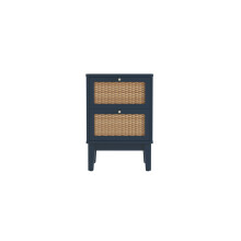 Bordeaux Blue Bedside Cabinet - Rattan Front, Gold Accents, 2 Drawers